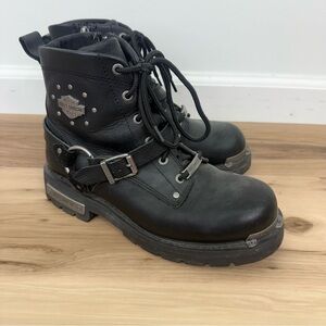 Harley-Davidson Black Leather Lace-Up Ankle Boots with Stud & Buckle Accents